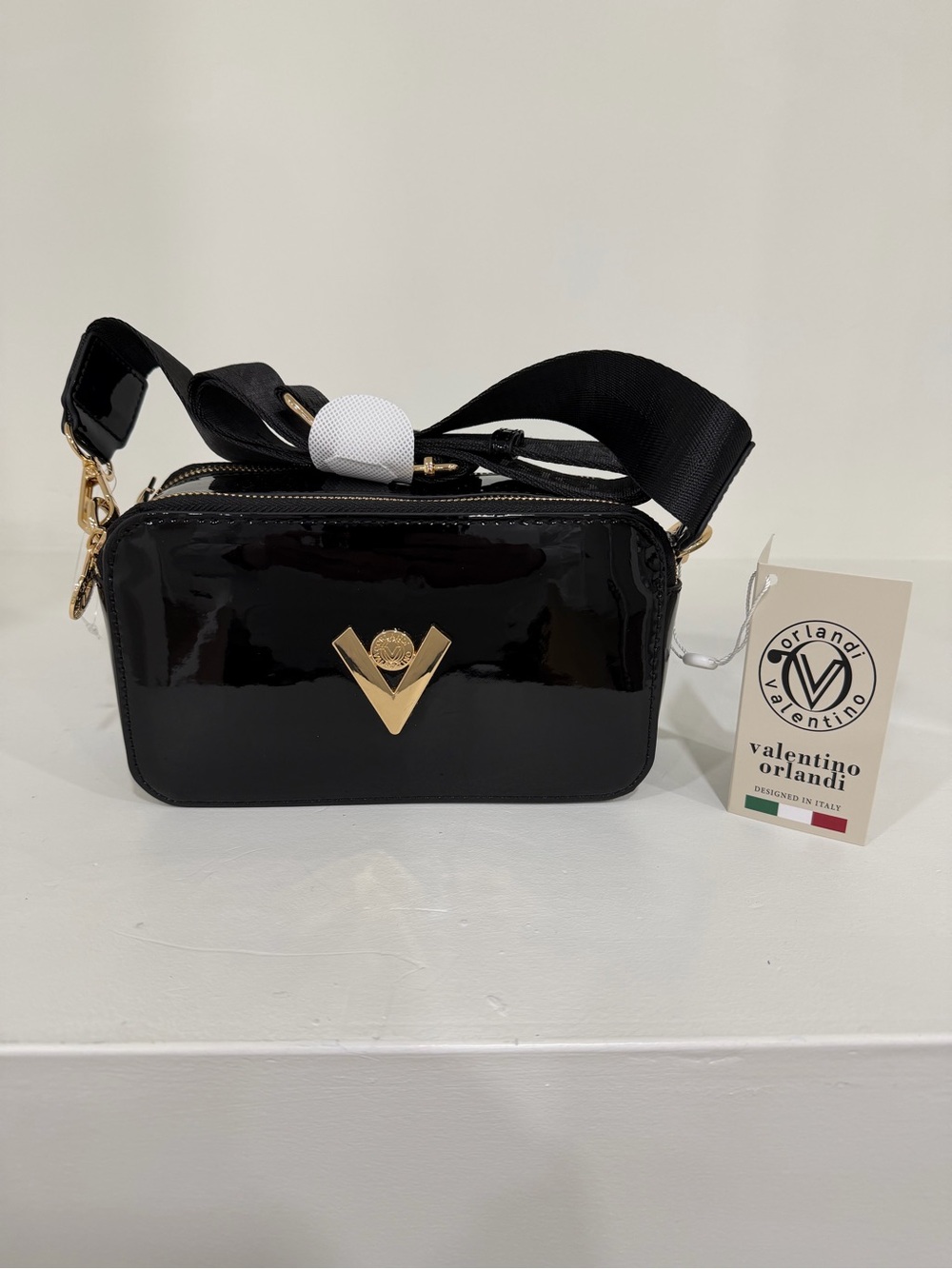 Valentino Orlandi Black Patent Crossbody Camera Bag with Gold V Emblem